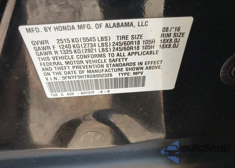 2016 Honda Pilot Ex-L from USA, damaged, VIN 5FNYF5H78GB052326